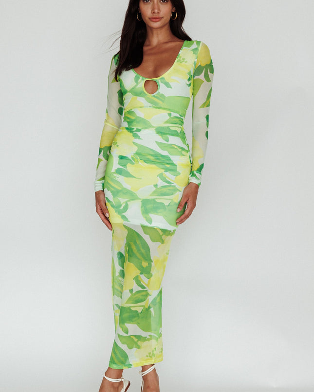 Green Long Sleeve Mesh Midi Dress Floral