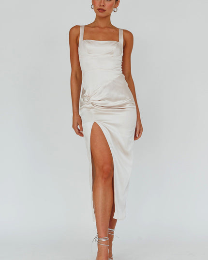 Champagne Knotted Waist Split Midi Dress