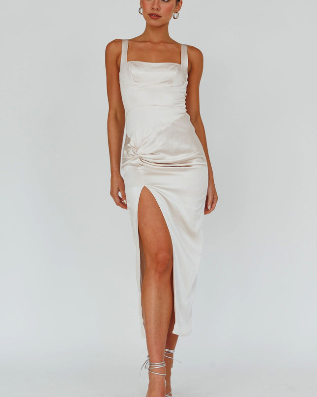 Champagne Knotted Waist Split Midi Dress