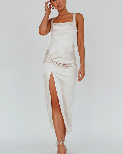 Champagne Knotted Waist Split Midi Dress