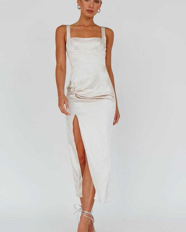 Champagne Knotted Waist Split Midi Dress