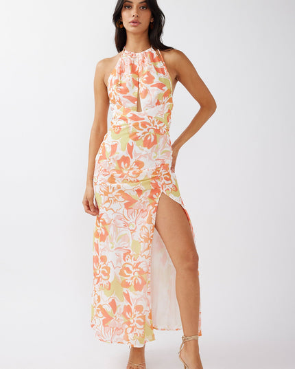 Orange Halterneck Split Midi Dress Floral