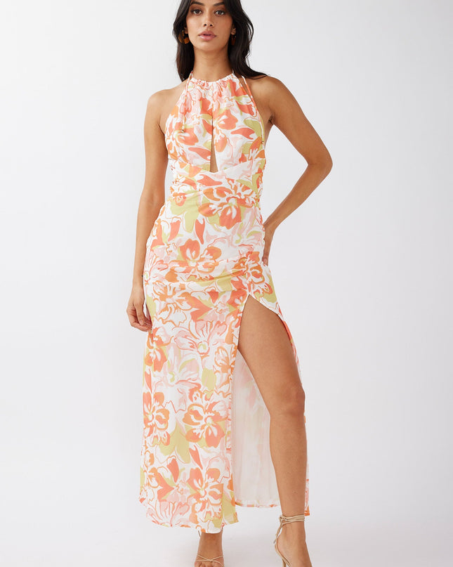Orange Halterneck Split Midi Dress Floral