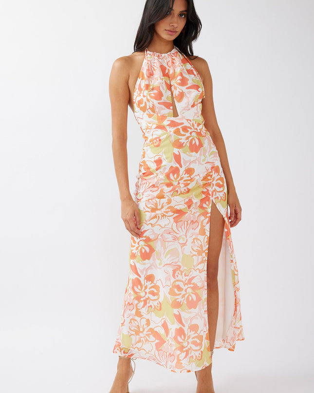 Orange Halterneck Split Midi Dress Floral