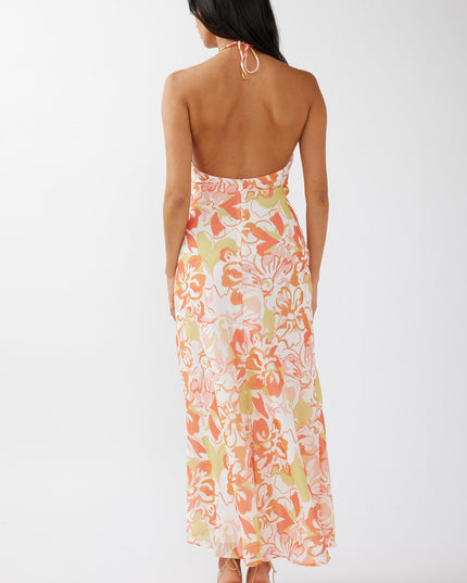 Orange Halterneck Split Midi Dress Floral