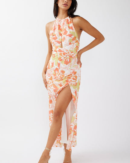 Orange Halterneck Split Midi Dress Floral