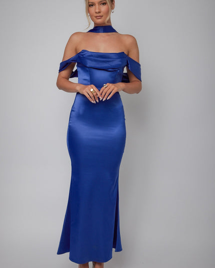 Navy Draped Sleeve Midi Dress