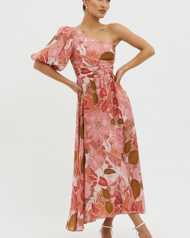 Red Puffed One Shoulder Midi Dress