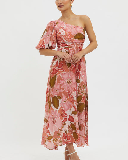 Red Puffed One Shoulder Midi Dress