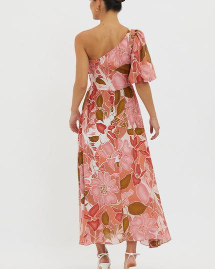 Red Puffed One Shoulder Midi Dress