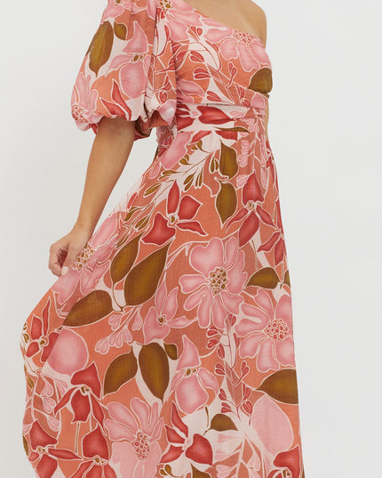 Red Puffed One Shoulder Midi Dress