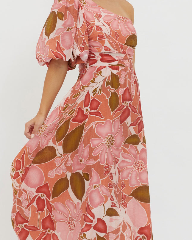 Red Puffed One Shoulder Midi Dress