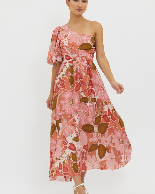 Red Puffed One Shoulder Midi Dress