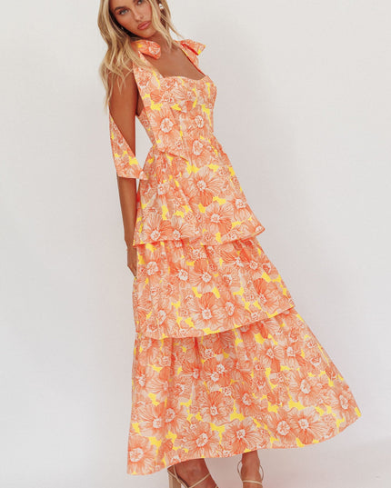 Orange Tied Shoulder Tiered Midi Dress Floral