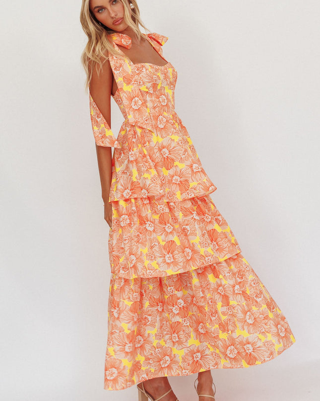 Orange Tied Shoulder Tiered Midi Dress Floral