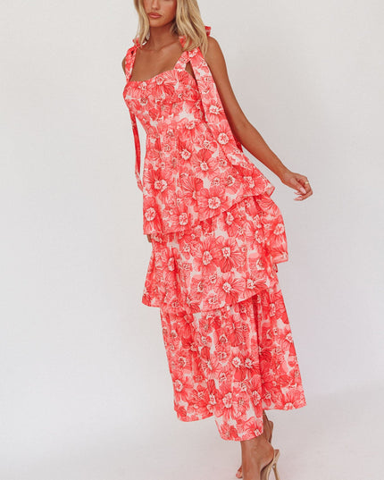 Pink Tied Shoulder Tiered Midi Dress Floral