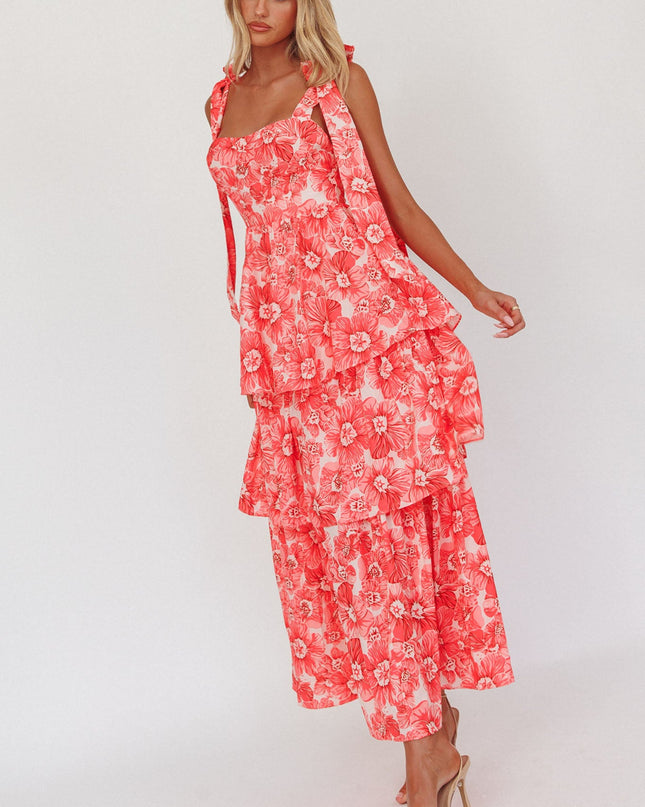 Pink Tied Shoulder Tiered Midi Dress Floral