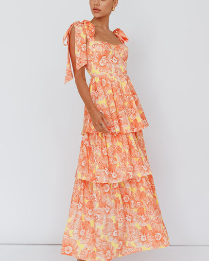 Orange Tied Shoulder Tiered Midi Dress Floral