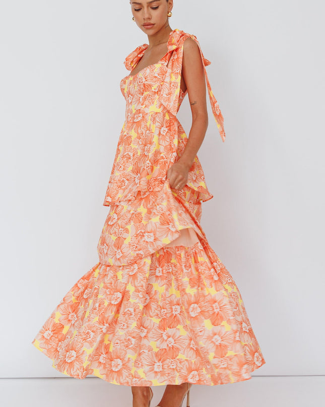 Orange Tied Shoulder Tiered Midi Dress Floral