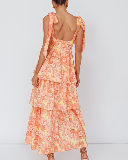 Orange Tied Shoulder Tiered Midi Dress Floral