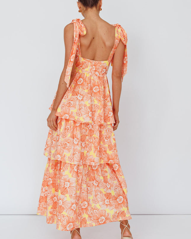 Orange Tied Shoulder Tiered Midi Dress Floral