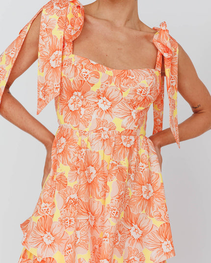 Orange Tied Shoulder Tiered Midi Dress Floral