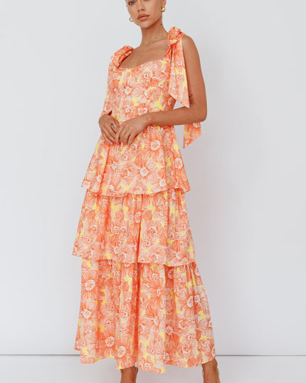 Orange Tied Shoulder Tiered Midi Dress Floral