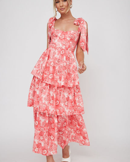 Pink Tied Shoulder Tiered Midi Dress Floral