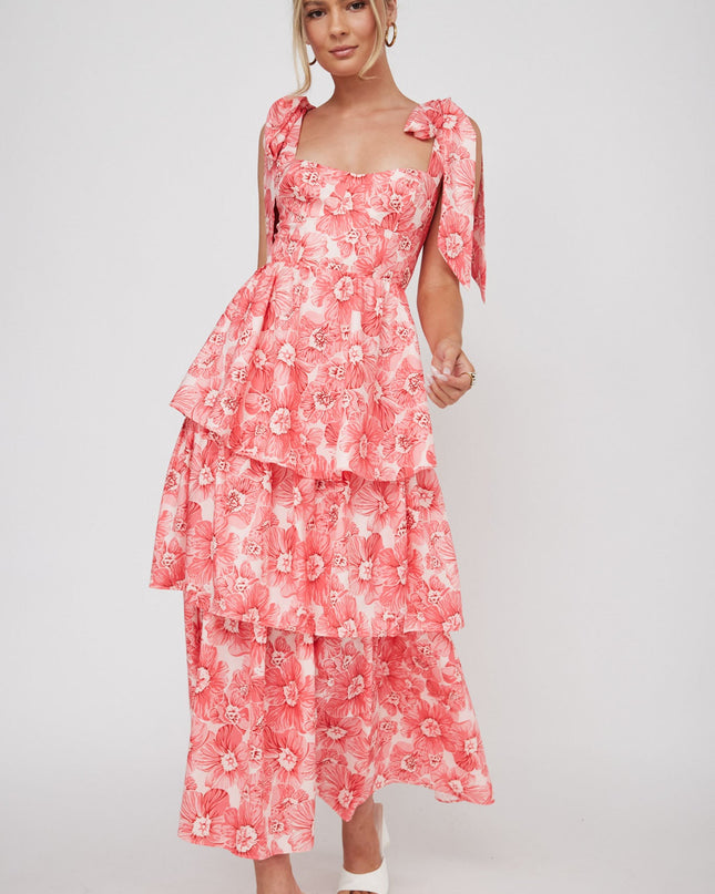 Pink Tied Shoulder Tiered Midi Dress Floral