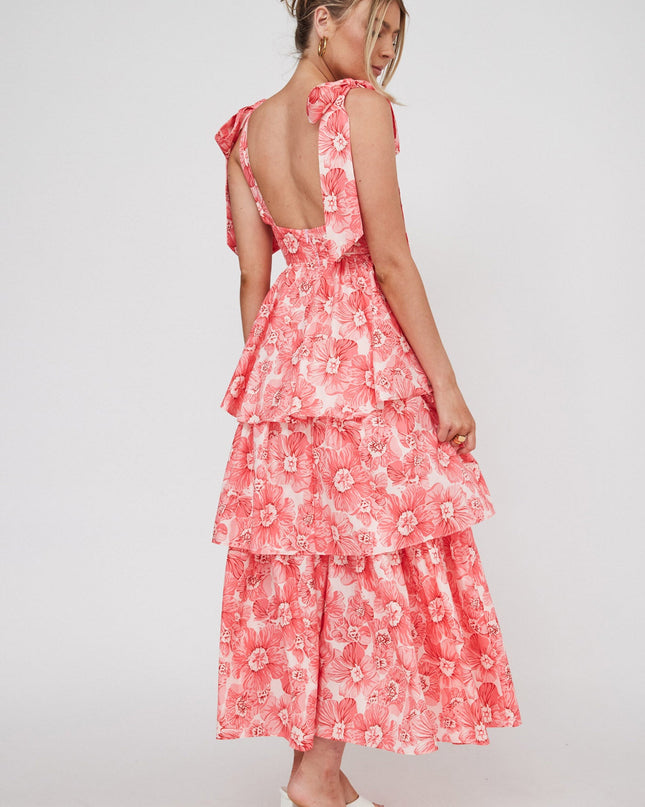 Pink Tied Shoulder Tiered Midi Dress Floral