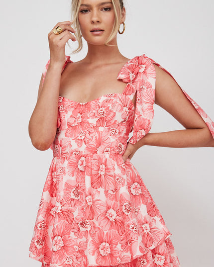 Pink Tied Shoulder Tiered Midi Dress Floral
