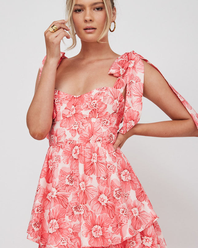 Pink Tied Shoulder Tiered Midi Dress Floral