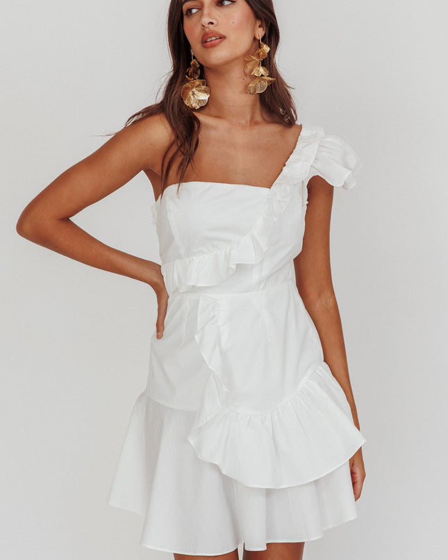 White One-Shoulder Ruffle Mini Dress