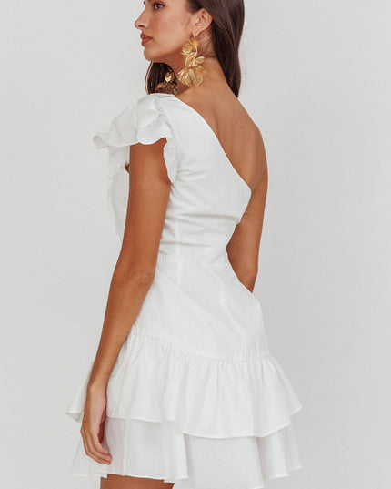 White One-Shoulder Ruffle Mini Dress