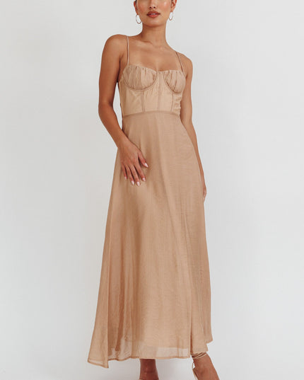Taupe Tied Back A-Line Midi Dress