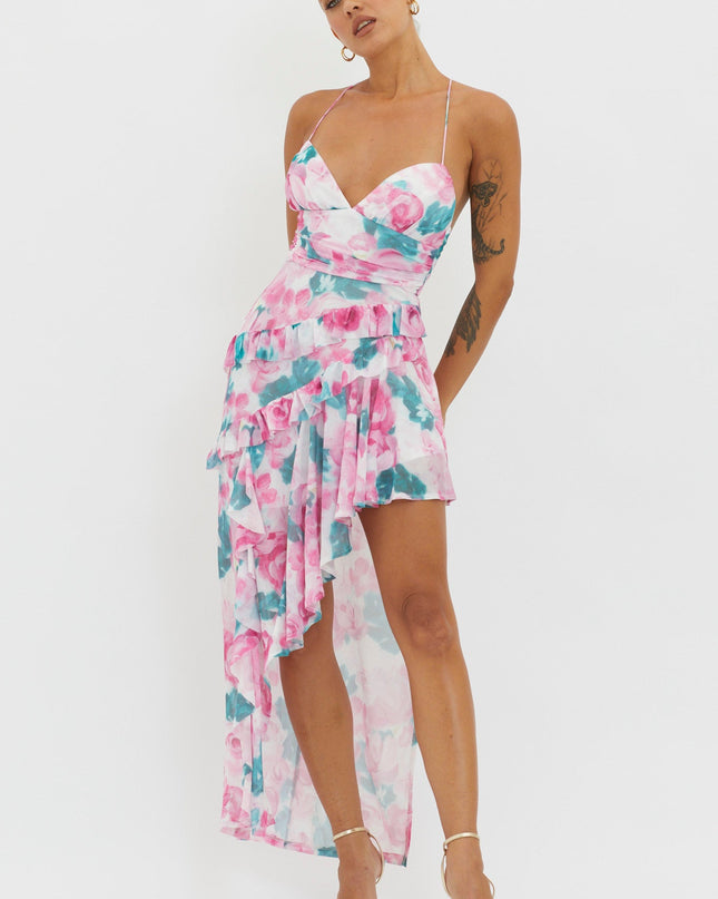 Pink Check Mate Frill Trim Cut-Out Split Dress Floral