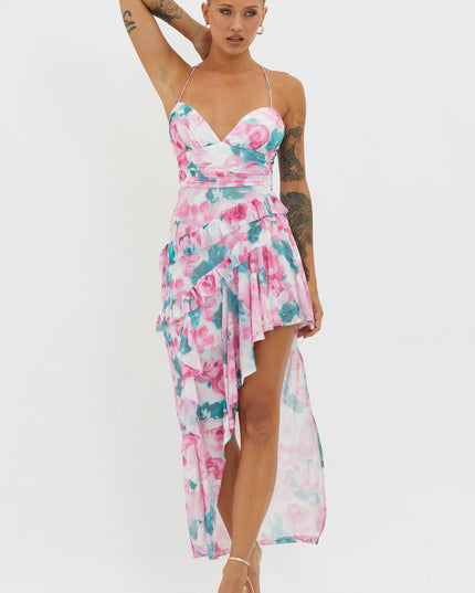 Pink Check Mate Frill Trim Cut-Out Split Dress Floral
