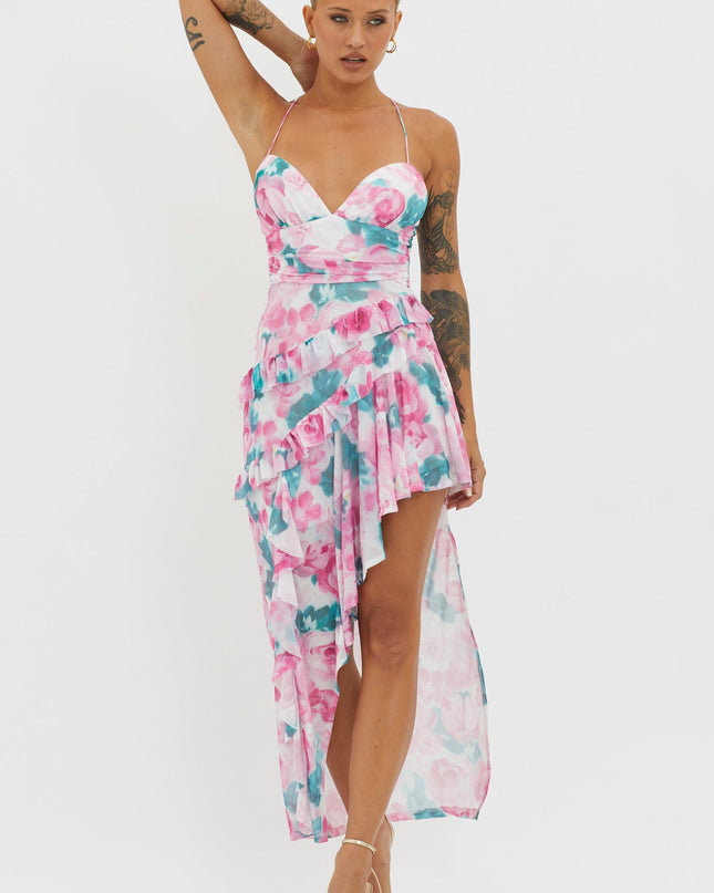 Pink Check Mate Frill Trim Cut-Out Split Dress Floral