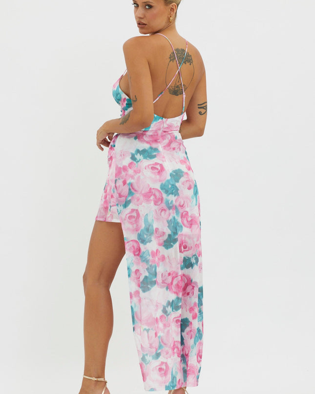 Pink Check Mate Frill Trim Cut-Out Split Dress Floral