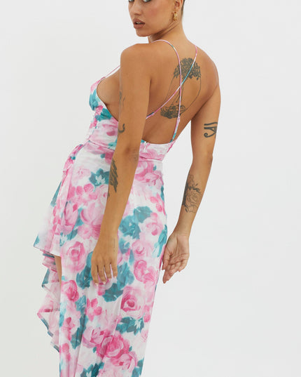 Pink Check Mate Frill Trim Cut-Out Split Dress Floral