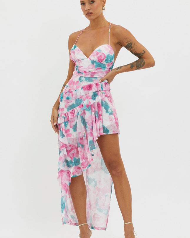 Pink Check Mate Frill Trim Cut-Out Split Dress Floral