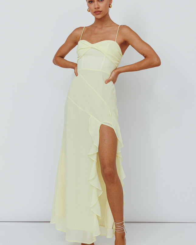 Yellow Ruffle Trim Split Dress