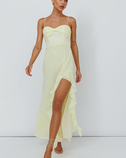 Yellow Ruffle Trim Split Dress