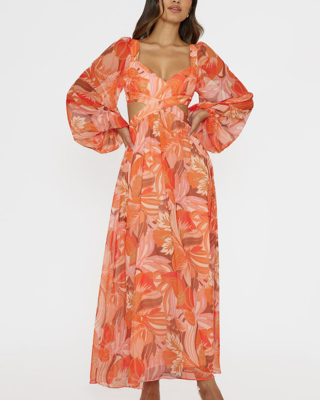 Orange Long Sleeve Lace-Up Back Dress Floral