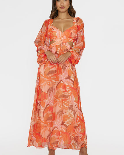 Orange Long Sleeve Lace-Up Back Dress Floral