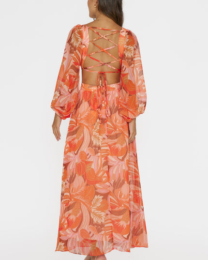Orange Long Sleeve Lace-Up Back Dress Floral