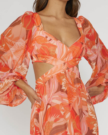 Orange Long Sleeve Lace-Up Back Dress Floral