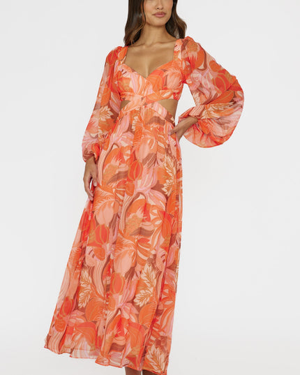 Orange Long Sleeve Lace-Up Back Dress Floral