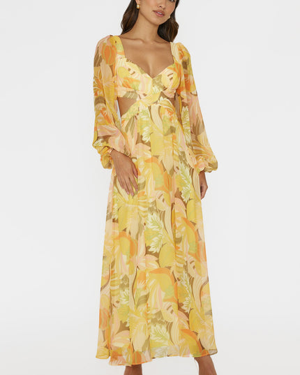 Yellow Long Sleeve Lace-Up Back Dress Floral