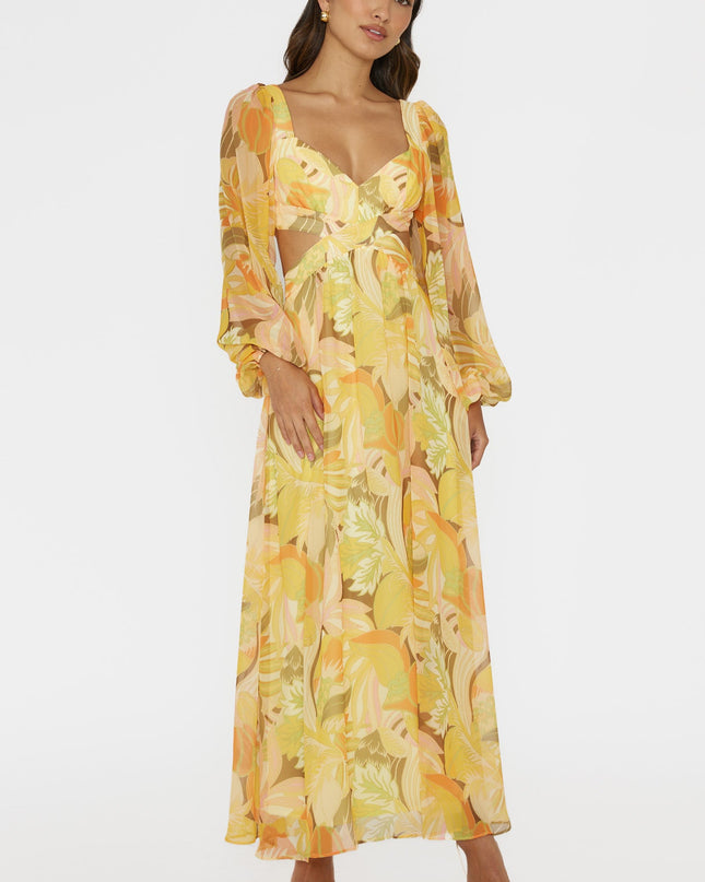 Yellow Long Sleeve Lace-Up Back Dress Floral